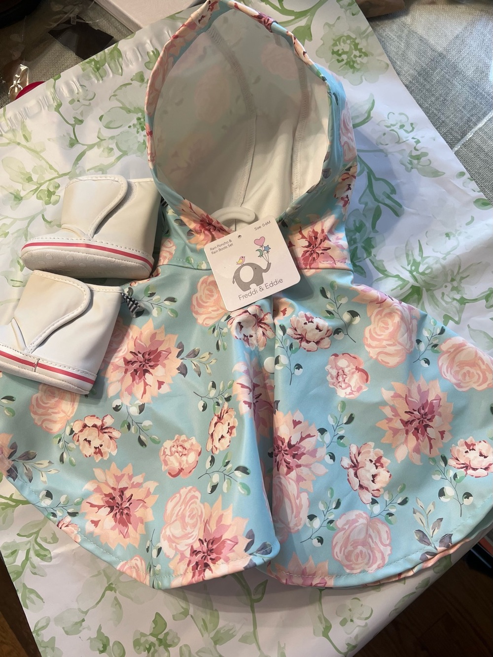Floral Hooded Cape - Blue with Pink Roses
